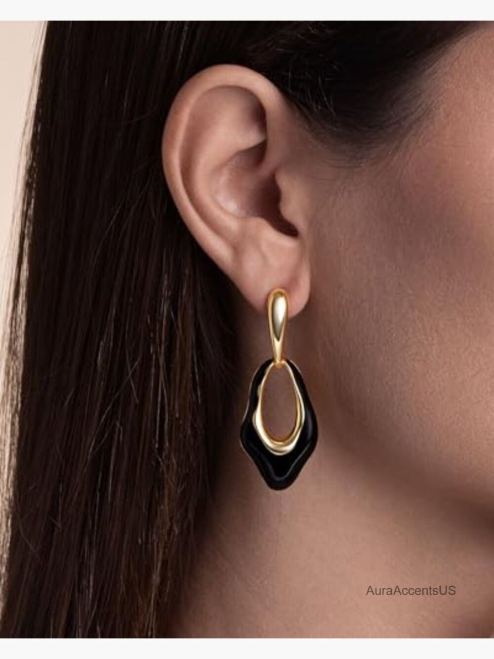 Oval Dangle Irregular 18K Gold Plated Black Enamel Resin Hoops Statement - Picture 3 of 5
